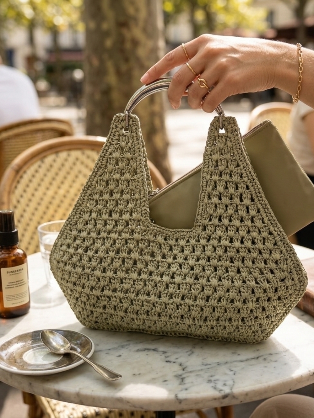 Woven Women's Crochet Hobo Bag with Silver Handle - Sage Green - Picture 5 of 5